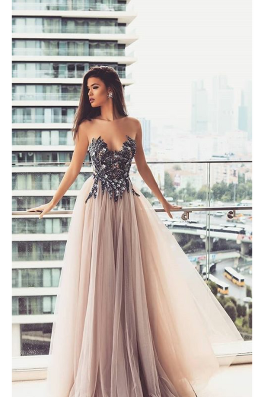Scoop Prom Dress Tulle Scoop Floor Length Appliques Covered Button