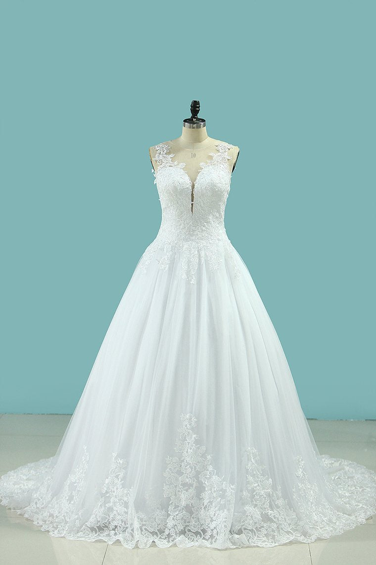 Wedding Dresses A Line Scoop Tulle With Applique Court Train