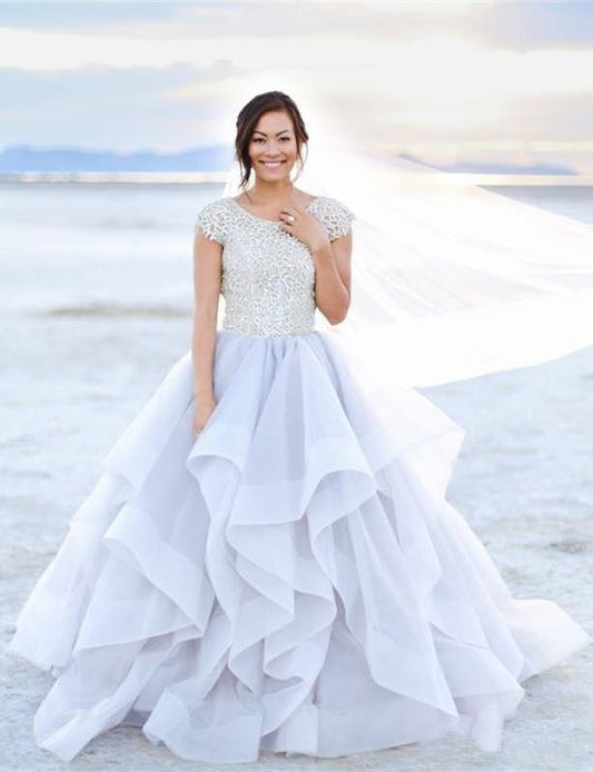 2024 Sparkly Beads Ruffles Organza Scoop Cap Sleeve Lavender Prom Wedding Dresses WK143