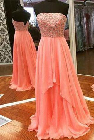 New Arrival Modest Strapless Straps Long Chiffon Pearl Pink Beaded Sexy Prom Dresses WK53
