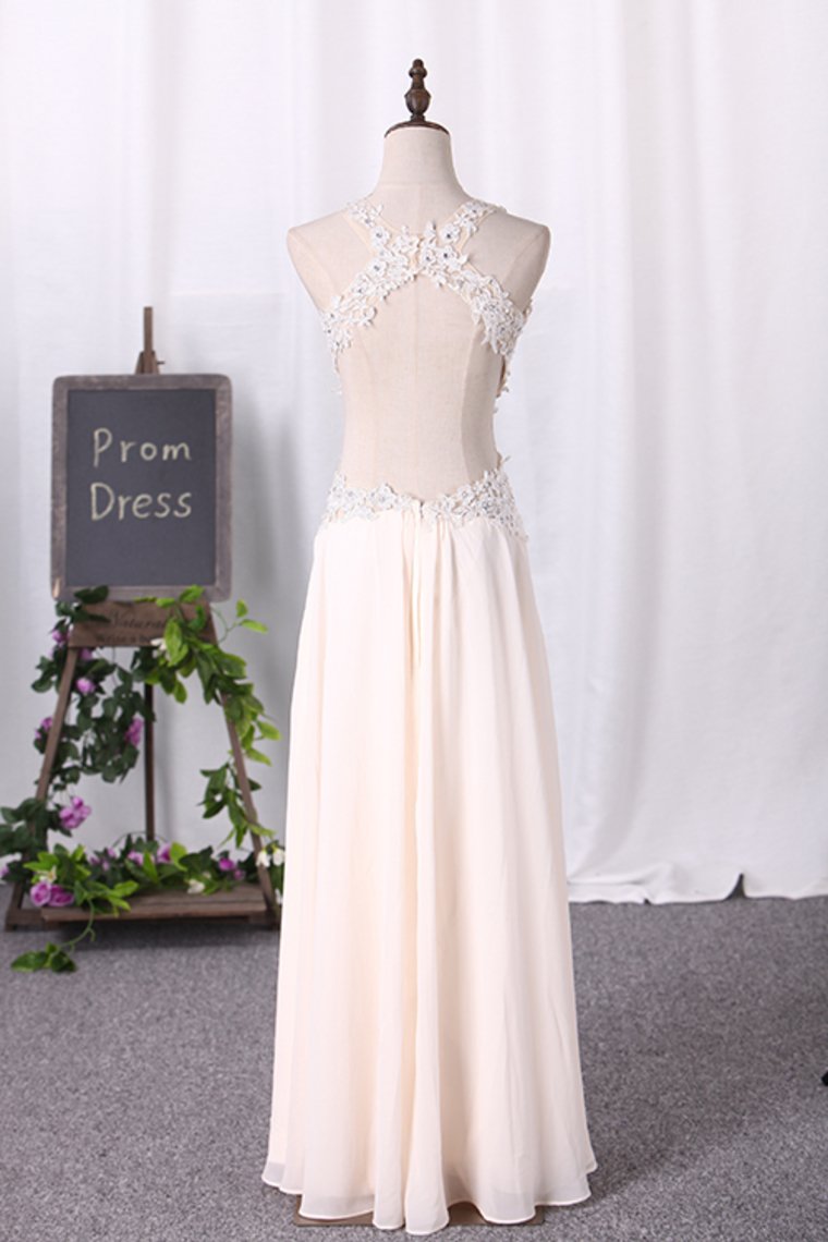 Open Back V Neck Prom Dresses A Line Chiffon With Applique
