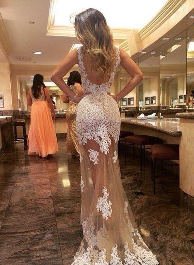 Generous Prom Dress Champagne Tulle Backless with whiter Lace appliques Evening Dress WK841