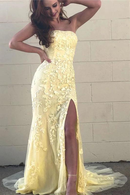 Yellow Mermaid Strapless Lace Appliques Prom Dresses with Slit, Evening SWK20475