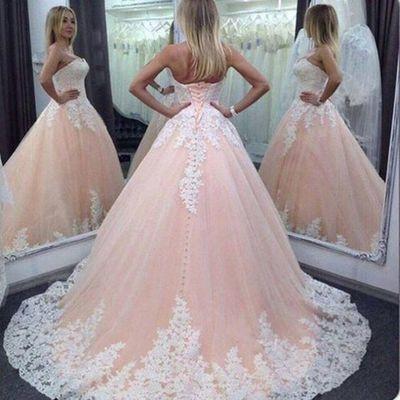 Vintage Ball Gown Sweetheart Pink Lace Appliques Tulle Long Quinceanera Dresses WK93
