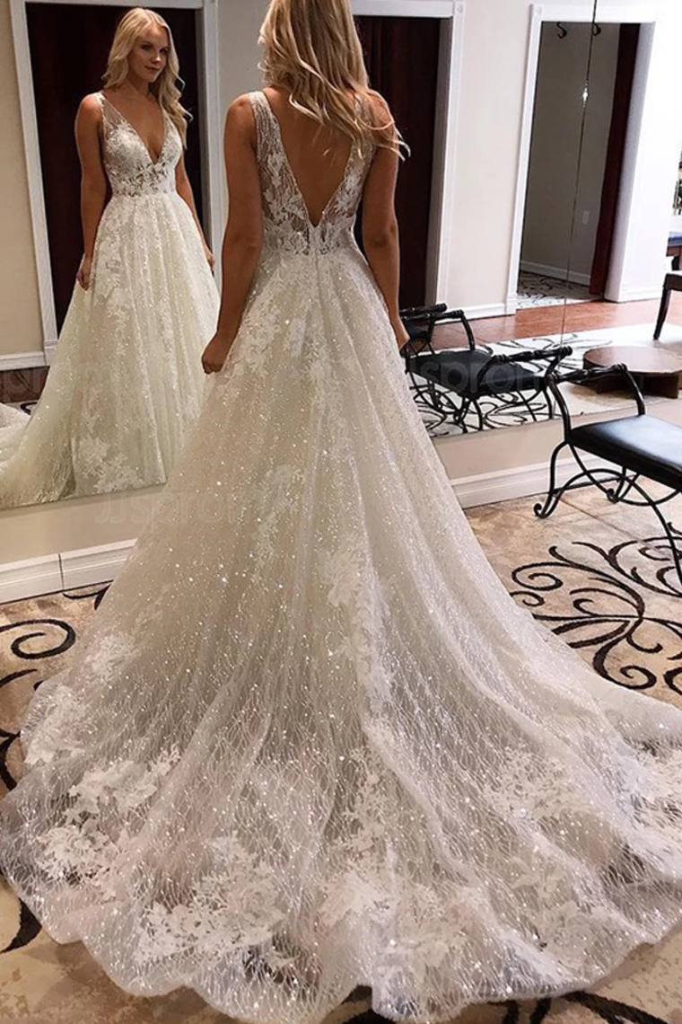 Luxurious Ball Gown V Neck Open Back Ivory Lace Wedding Dresses,Sequins Beach Bridal Dresses