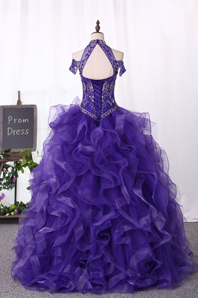 High Neck Beaded Bodice Ball Gown Tulle Sweep Train Quinceanera Dresses