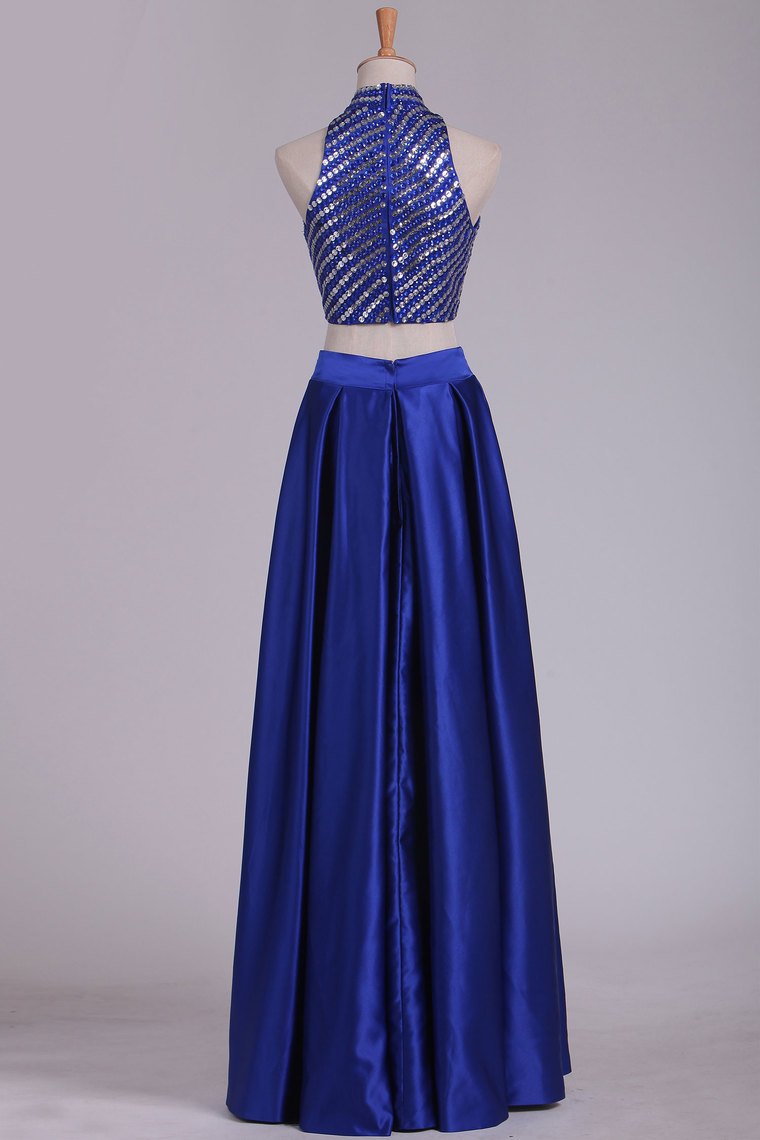 Two Pieces Prom Dresses High Neck Satin With Rhinestones And Slit