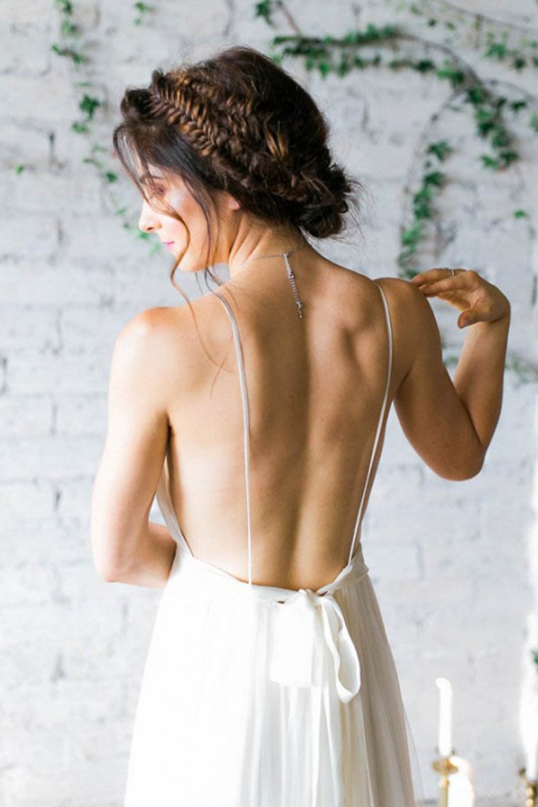 Sexy Open Back Spaghetti Straps Wedding Dresses A Line Ruched Bodice Chiffon