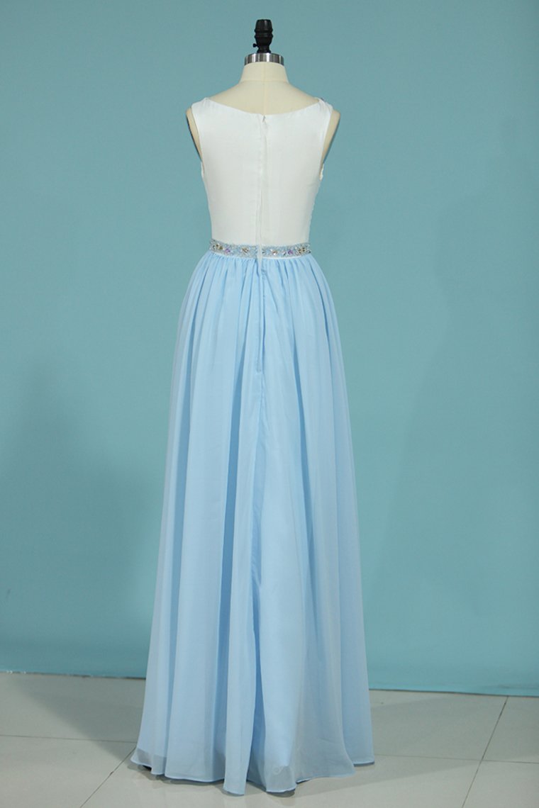 A Line Scoop Prom Dresses Chiffon With Beads And Slit