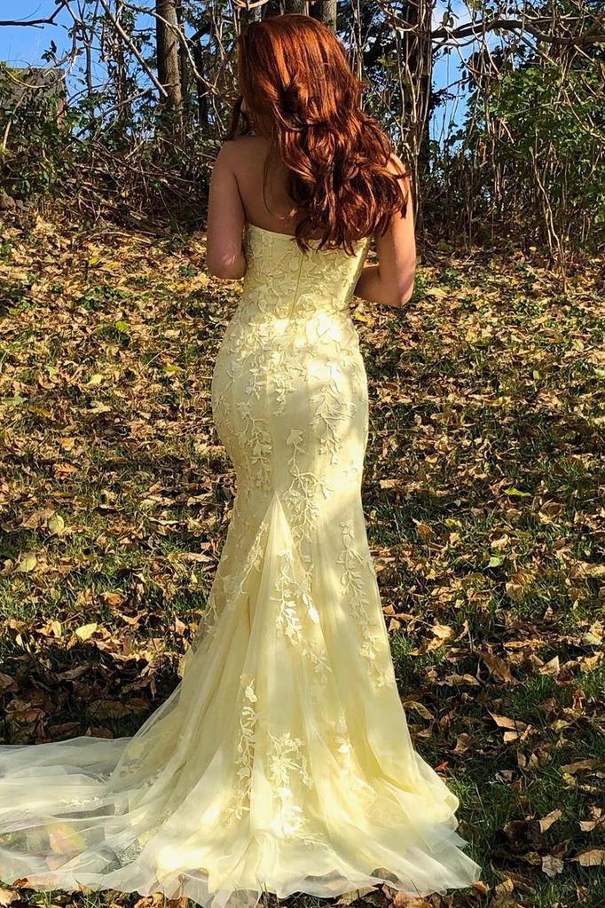 Yellow Mermaid Strapless Lace Appliques Prom Dresses with Slit, Evening SWK20475