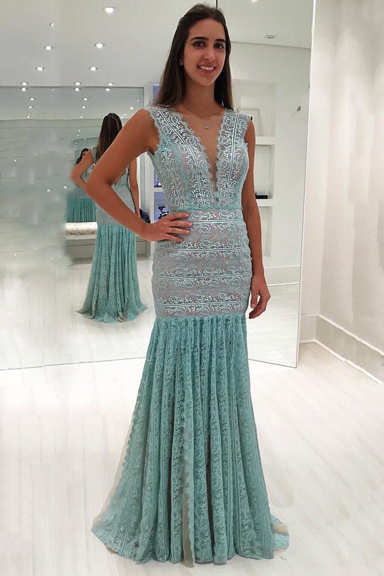 New Arrival V Neck Lace Mermaid Prom Dresses Sweep Train