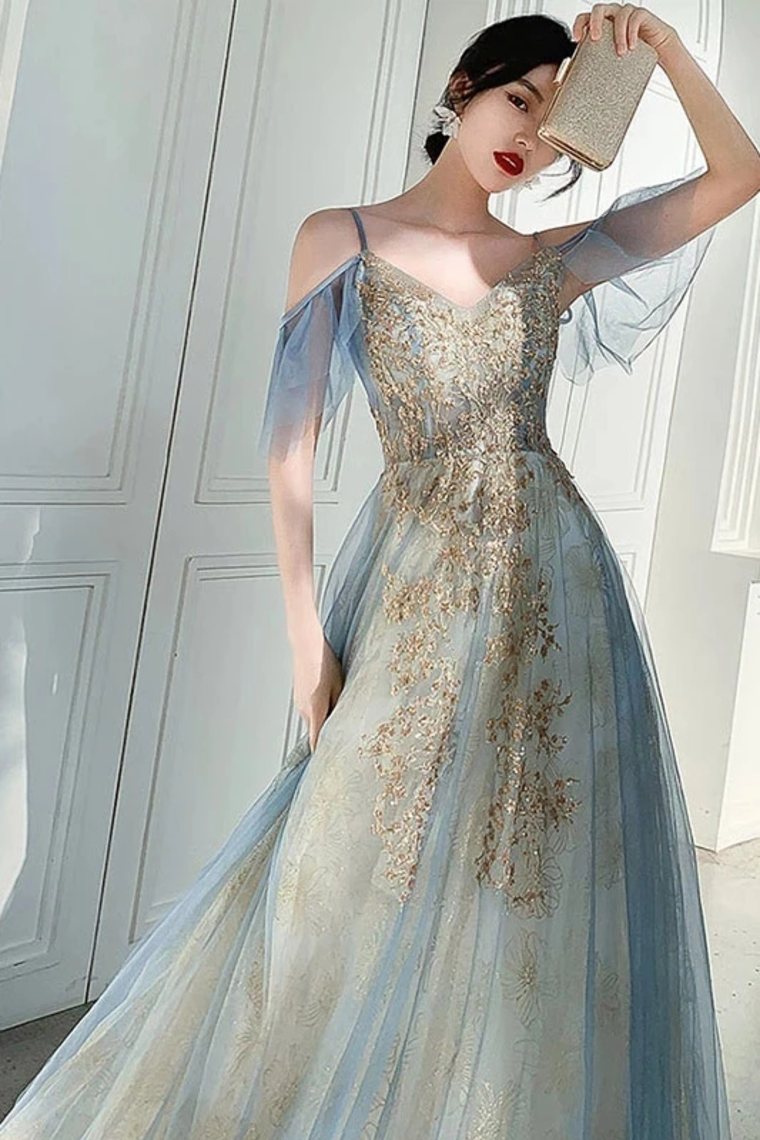 Unique V Neck Long Tulle Party Dress With Lace, Sexy Sleeveless Long Prom Gown