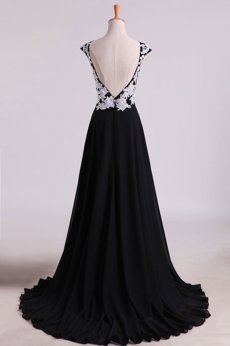 Prom Dresses A Line Scoop Open Back With Applique & Slit Sweep Train Chiffon