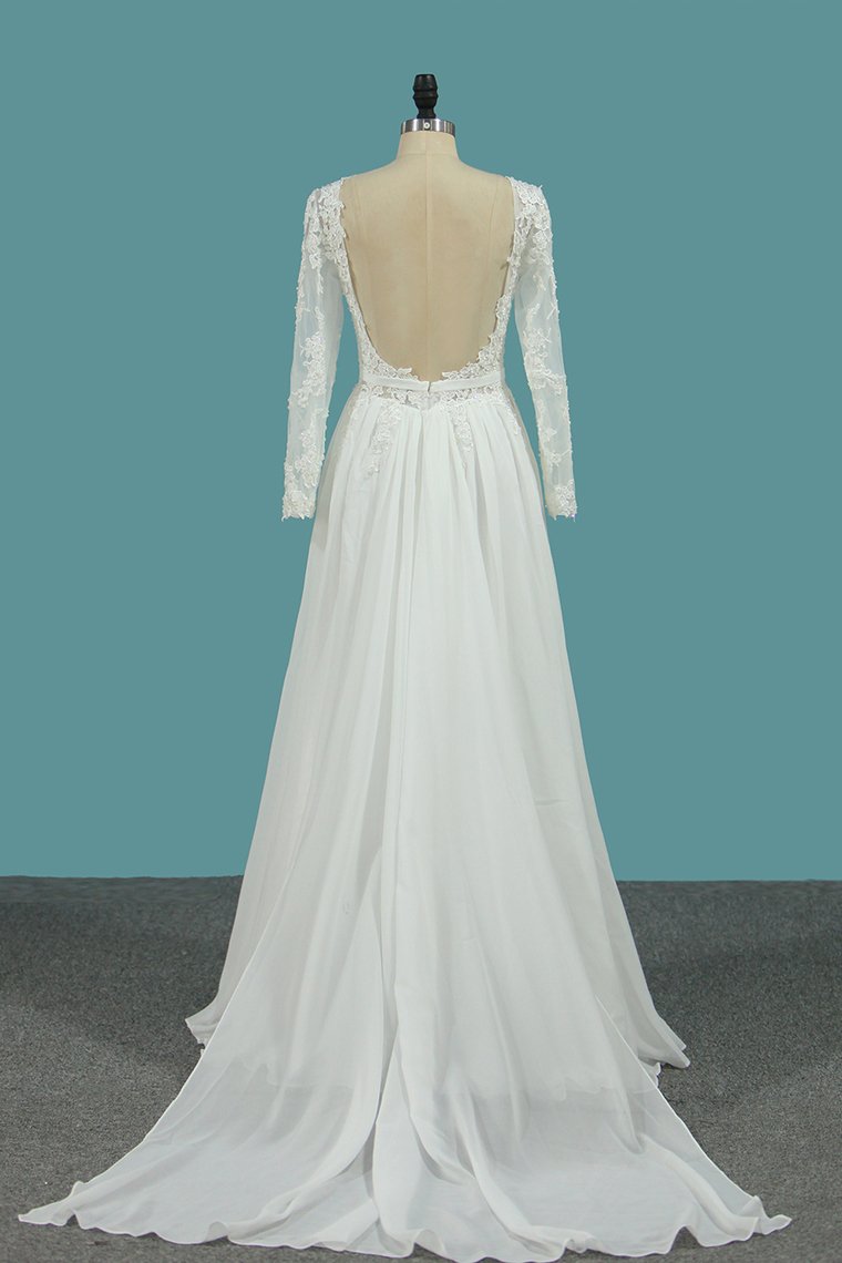 Long Sleeves A Line Scoop Wedding Dresses With Applique And Sash