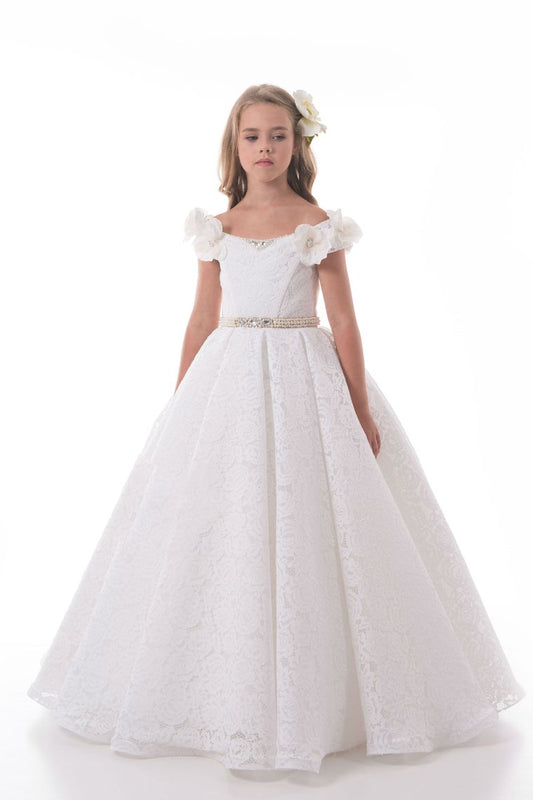 Off The Shoulder A Line Lace Flower Girl Dresses With Handmade Flowers