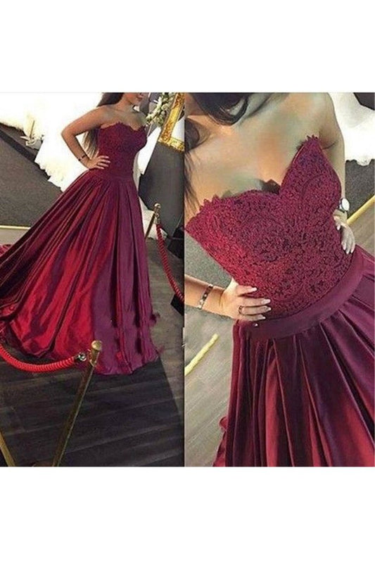 A Line Sweetheart Satin With Applique Sweep Train Prom Dresses