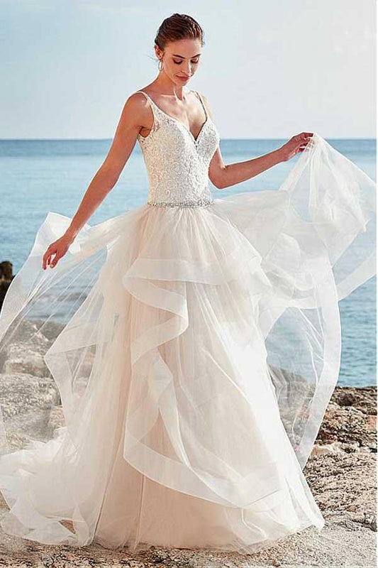 Spaghetti Straps Neckline Backless V-Neck Tulle A-Line Wedding Dresses With Beaded WK310