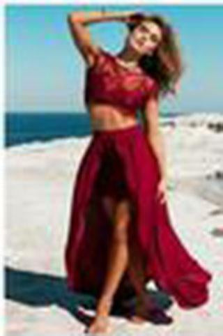 Burgundy Sexy Slit Two-piece Cheap Cap Sleeve Lace Scoop A-Line Prom Dresses WK868