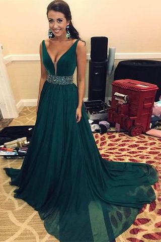Elegant A Line Beads Green V Neck Long Chiffon Sleeveless Prom Dresses WK695