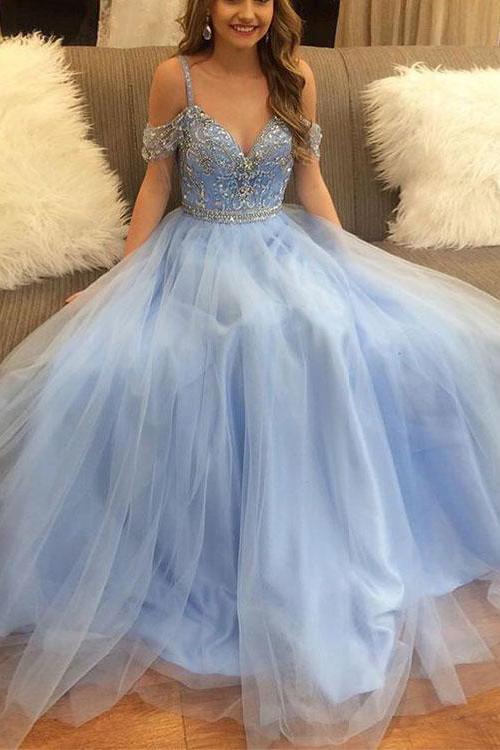 Stylish A-Line V-Neck Off-the-Shoulder Blue Tulle Long Evening Dresses with Beading WK297