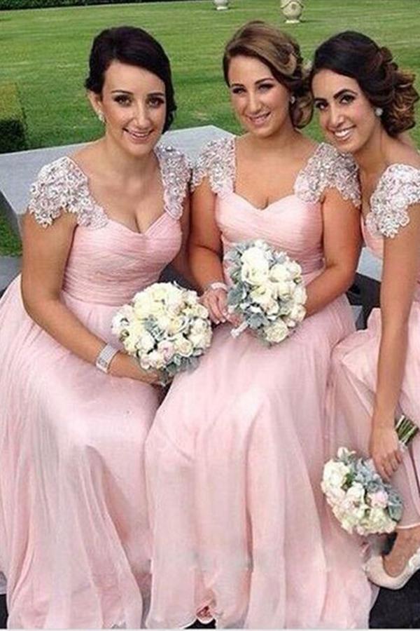 A-Line Pink Princess Cap Sleeves Sweetheart Floor-Length Beads Chiffon Bridesmaid Dresses WK509