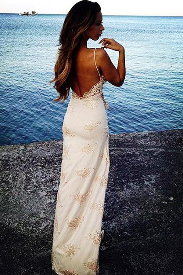 Spaghetti Straps Sweetheart Split Front Backless Lace Mermaid Appliques Prom Dresses WK493