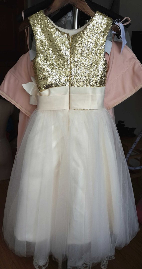 Gold Sequin Cream Tulle Ivory Scoop Flower Girl Dress with Flower Dress for Wedding Party WK775