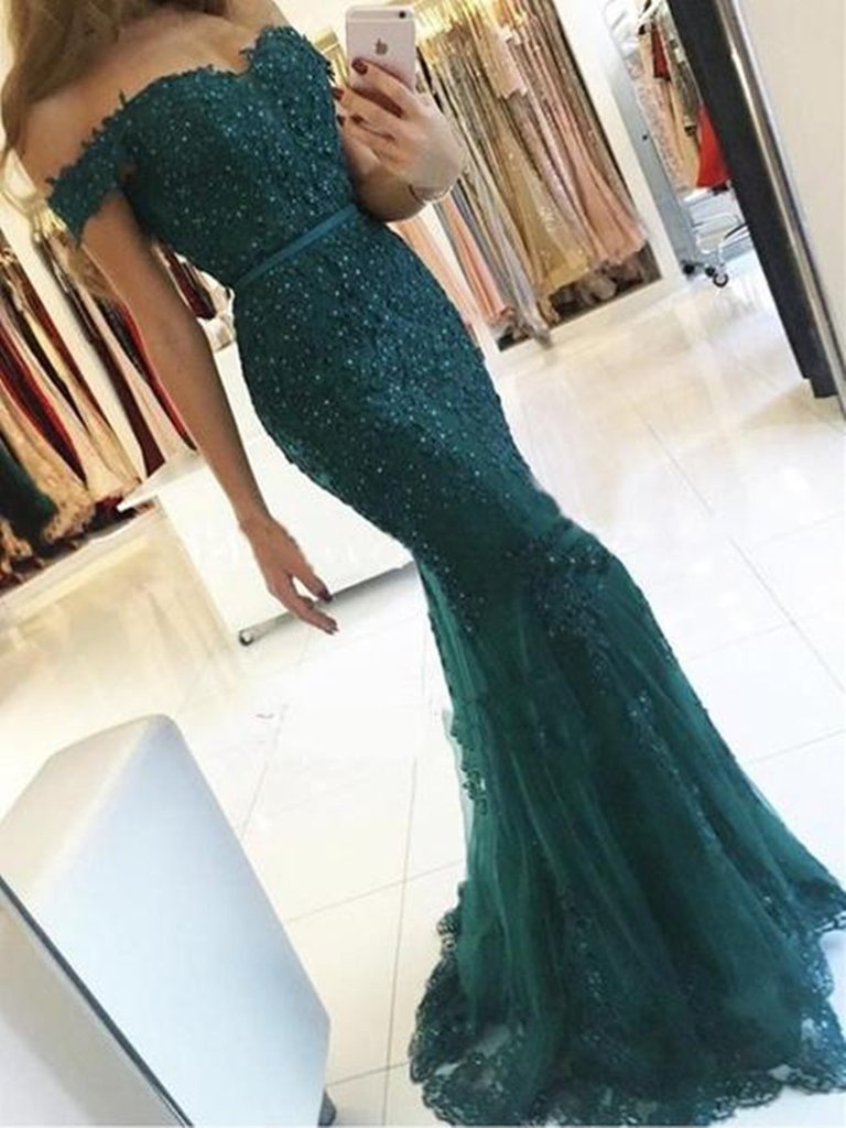 Elegant Emerald Green Off Shoulder Lace Mermaid Beads Sweetheart Prom Dresses WK412