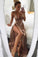 Brown Satin Thigh-High Slit Deep V-Neck Spaghetti Straps Long A-Line Prom Dresses WK433