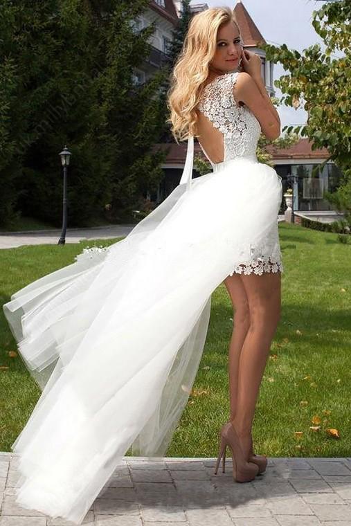 Sheath Scoop Neck Ivory Lace Tulle Detachable Ruffles Open Back Wedding Dresses WK738
