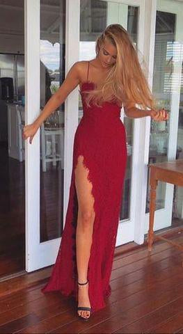 2024 A-Line Red Long Sheath Lace Spaghetti Straps Split Front Sweetheart Prom Dresses WK481