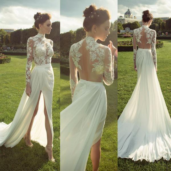 Gorgeous High Neck Long Sleeve See Through Lace Top Side Slit Ivory Chiffon Wedding Dress WK625