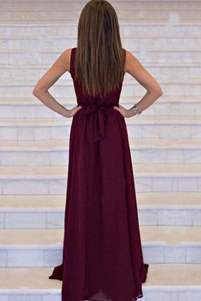 Simple A-line V-neck Chiffon Sweep Train Burgundy Sleeveless Sashes Prom Dresses WK404