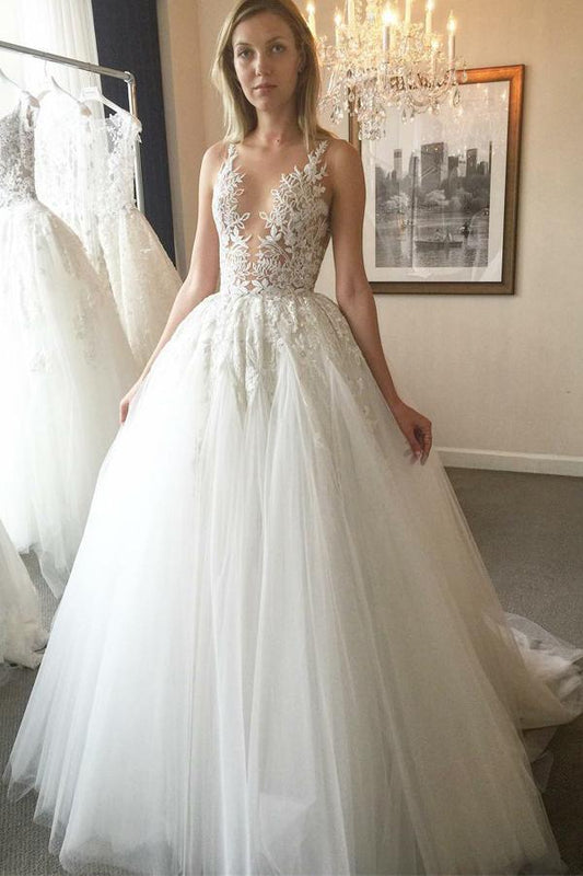 Elegant Ball Gown Round Neck Ivory Open Back Wedding Dress with Appliques Bridal Dresses WK449