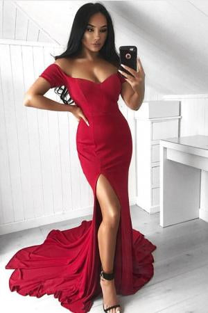 Sexy Mermaid Off the Shoulder Slit Sweetheart Short Sleeve Satin Long Prom Dresses WK40