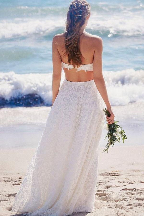 A-Line White Sweetheart Strapless Lace Long Beach Open Back Wedding Dresses WK268