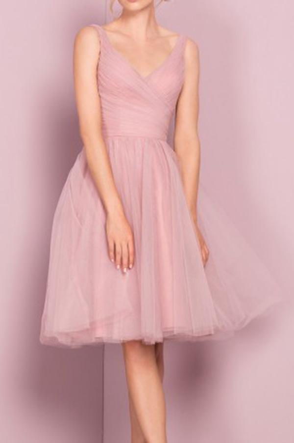 Princess A-line Knee Length Short Pink V Neck Tulle Homecoming Dress Party Dress WK680