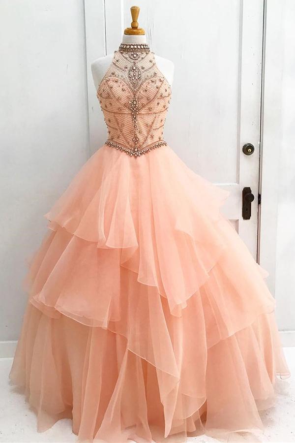Chic A-Line Halter Open Back Sleeveless Pearl Pink Beading Tulle Modest Long Prom Dresses WK221