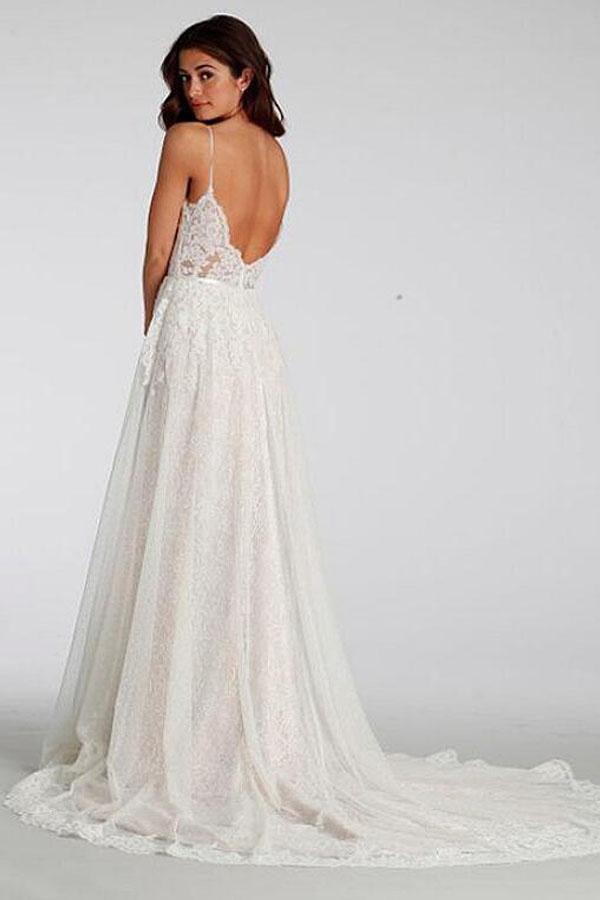 Chic A-Line Sweetheart Backless Lace Beach Spaghetti Straps Long Wedding Dresses WK375