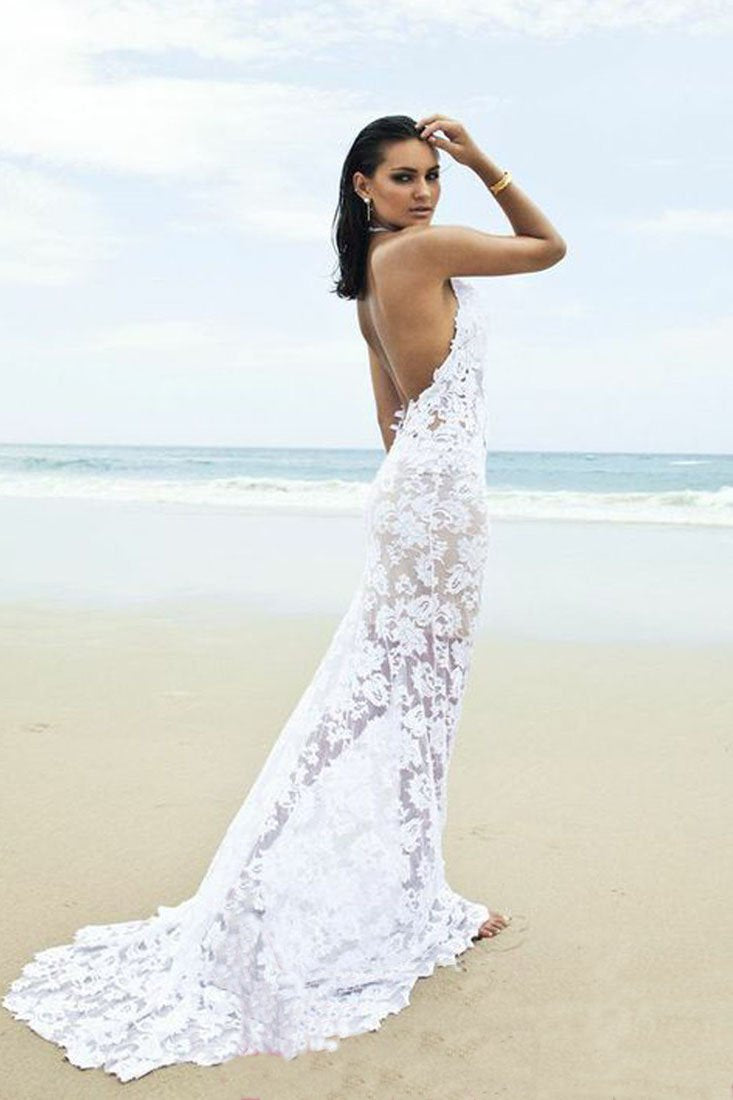 Beach Backless Sexy Mermaid Lace White Open Back Halter V-Neck Summer Wedding Dress WK698