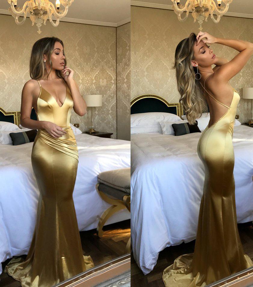 Elegant Mermaid Short Train Spaghetti Straps Long Sexy Gold V Neck Prom Dresses WK635