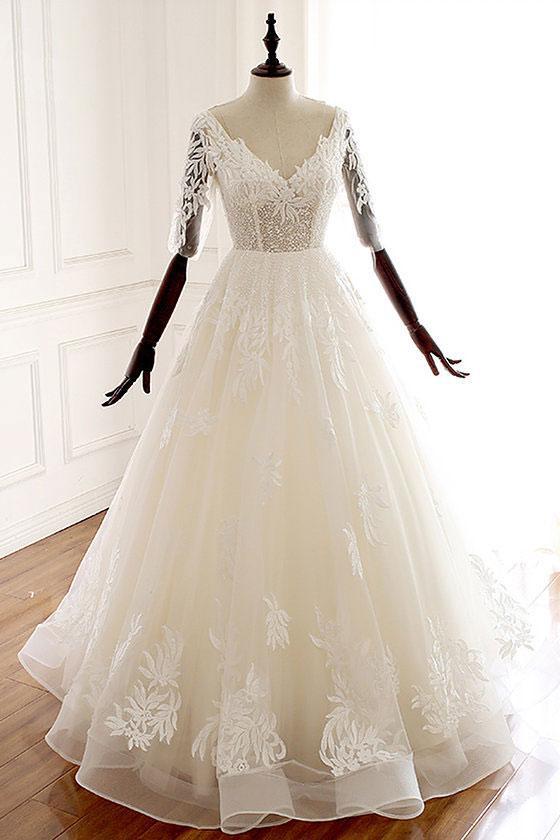 A Line Ivory V Neck Tulle Lace Half Sleeve Organza Long Prom Dresses Wedding Dress WK226