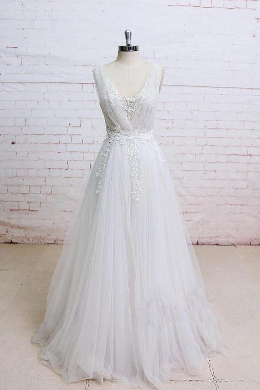 Elegant Ivory A Line Plunging Neckline Lace Appliqued Flowers Tulle Wedding Dresses WK649