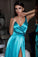 Sexy A Line Split Turquoise V-Neck Green Satin Prom Dresses with High Slit WK633