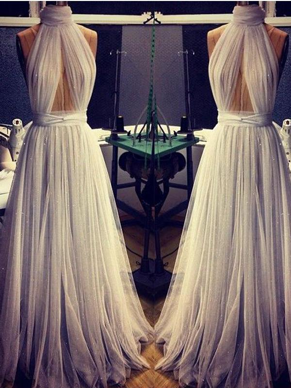 2024 A-line Cheap Long Sexy Simple Ivory High Neck Sleeveless Tulle Prom Dresses WK301