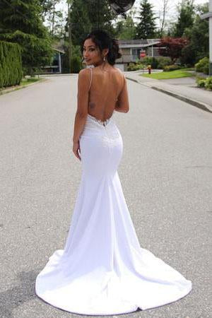 Elegant Lace Appliques V-Neck Backless White Sweetheart Spaghetti Straps Mermaid Wedding Dress WK179