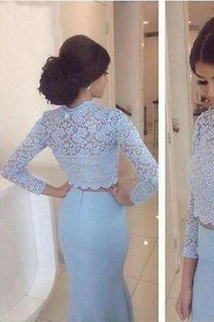 Baby Blue Lace Two Pieces Mermaid Long Sleeve Sexy Prom Dress Dresses for Prom uk PD190446