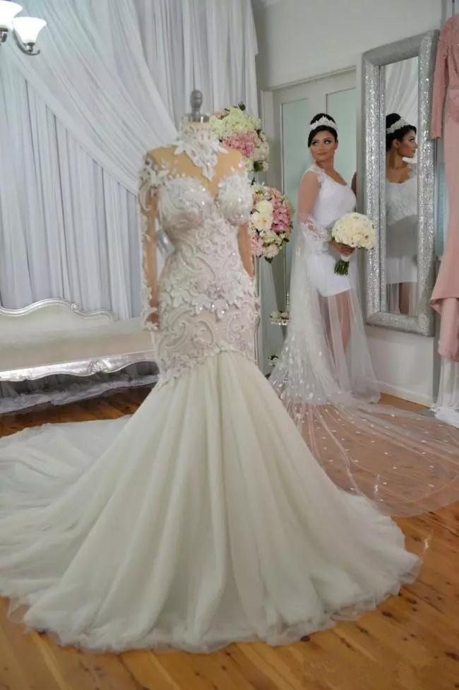 Luxury Crystal Beaded Appliques Mermaid High Neck Long Sleeves Wedding Gowns WK234