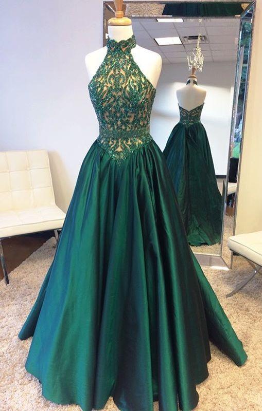 Elegant Halter Sweep Train Hunter Prom Dress with Lace Beading Prom Dresses WK679