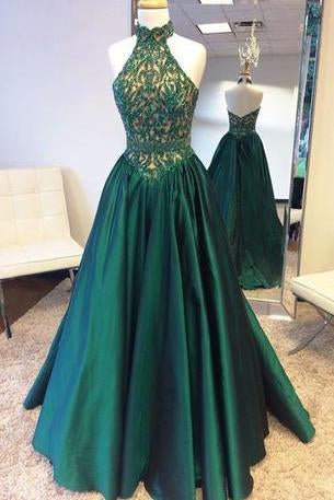Elegant Halter Sweep Train Hunter Prom Dress with Lace Beading Prom Dresses WK679